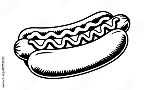 Detailed black and white hand drawn vector of a hot dog with mustard and relish isolated