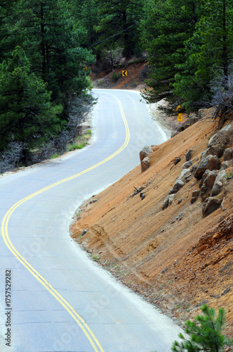 Winding mountain road with double yellow lines curving through a forest with rocky terrain and pine trees representing travel and adventure