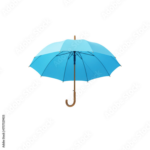 A bright blue open umbrella with a wooden handle isolated on transparent background