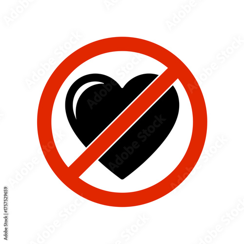 Stylized black heart forbidden symbol isolated graphic design element vector