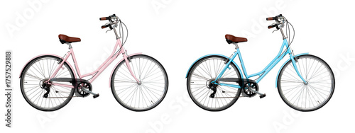 Pink retro bicycle with brown saddle and handles, generic bike isolated