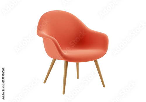 A modern coral colored armchair with slender wooden legs isolated on transparent background