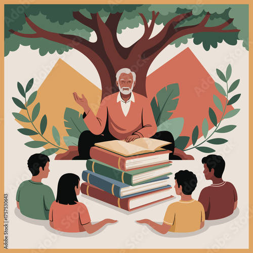 Modern flat solid color vector for National Mentoring Day showing mentor & mentee climbing, sharing light, puzzle connection & inspirational guidance