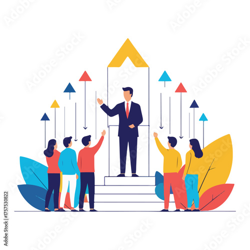 Modern flat solid color vector for National Mentoring Day showing mentor & mentee climbing, sharing light, puzzle connection & inspirational guidance
