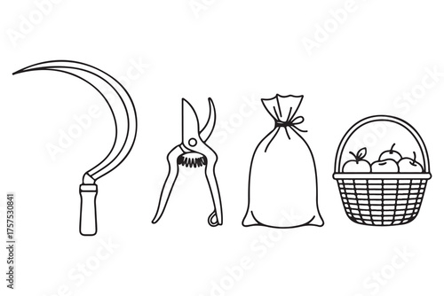 Gardening Tools Sickle Pruning Shears Bag And Basket Of Apples Keywords: gardening, tools, sickle, scythe