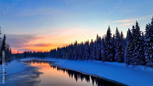 Winter sunrise over a snow-covered river flowing through a forest