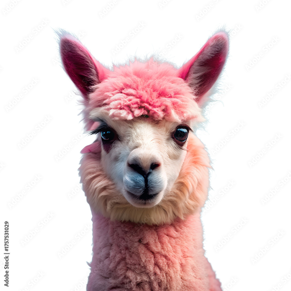 Fototapeta premium Cute Pink llama portrait isolated png file, cutout object on transparent background