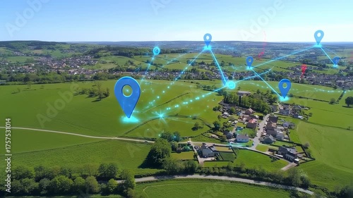 Aerial view of a rural landscape with interconnected location markers