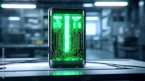 Futuristic Computer Case with Glowing Green Circuit Board