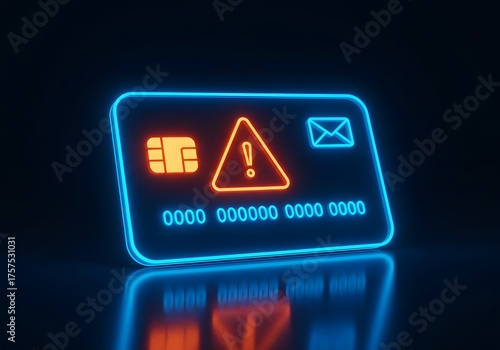 Neon Credit Card Outline with Exclamation Mark Warning, Symbolizing Financial Fraud or Risk