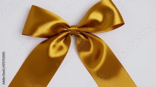 Gold satin ribbon bow on white background