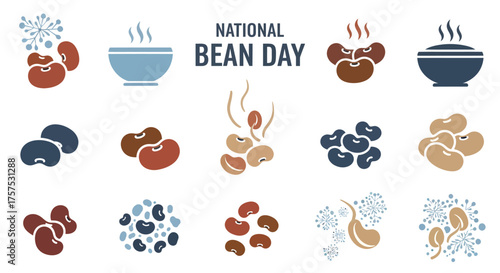 A collection of colorful illustrations celebrating National Bean Day, featuring various types of beans, bowls of steaming beans, and decorative elements.
