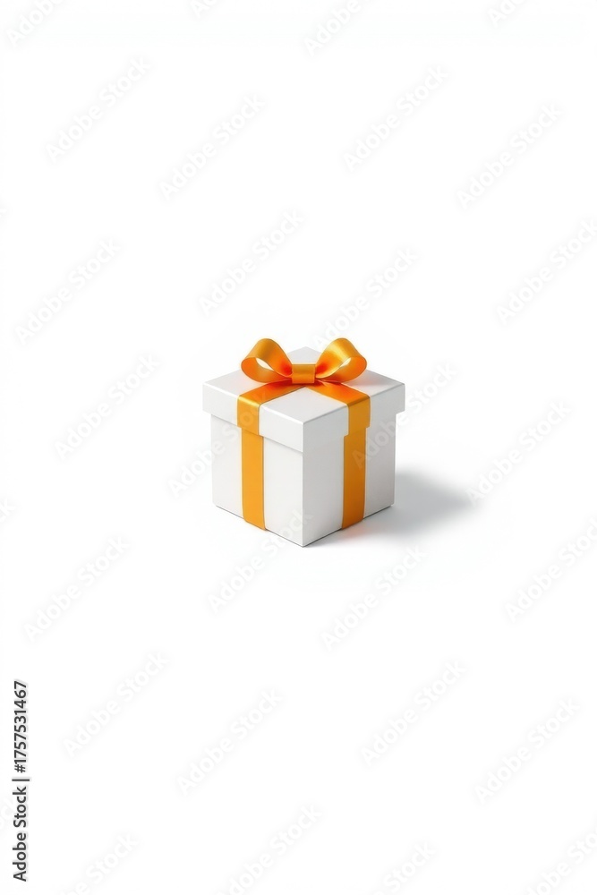 Fototapeta premium Minimal white gift box with an orange ribbon on a white background.
