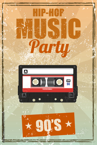 90s hip-hop party flyer with vintage cassette tape design. Ideal for event promotions, music marketing, and nostalgic lifestyle content.