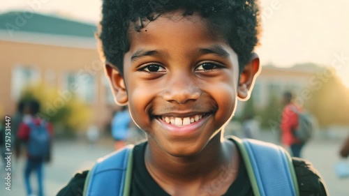 Close up view of an African American pupil boy with backpack standing next the school. Smiling schoolboy poses near school, ready for a day of learning and fun.