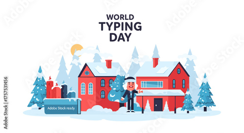 Illustration of World Typing Day with a snowy village scene and a person standing in front of red houses.
