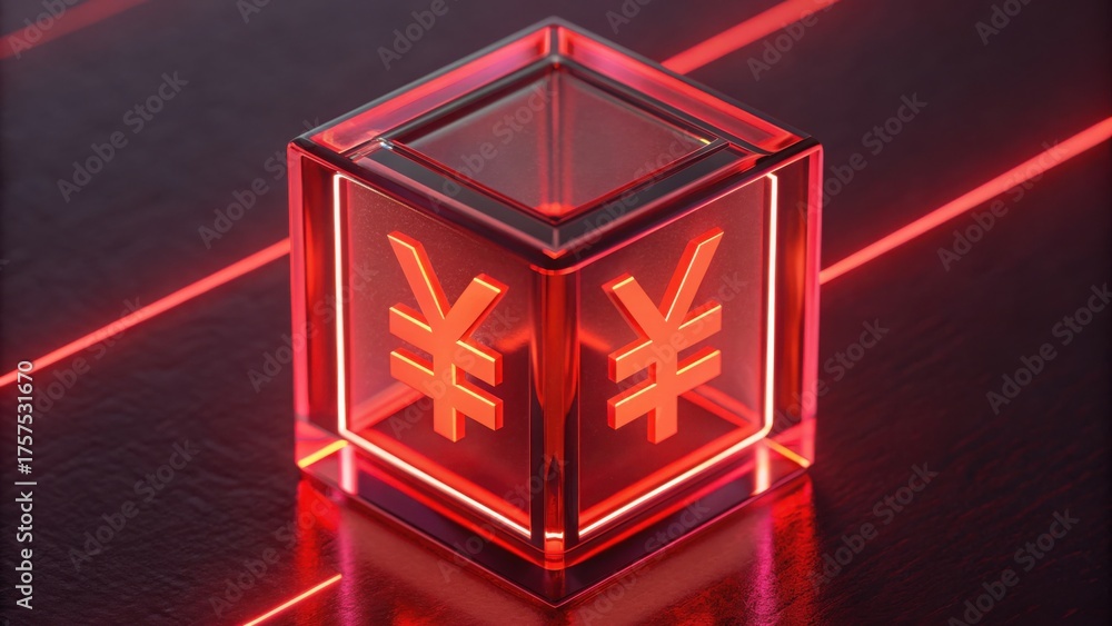 Obraz premium Glass cube with yuan symbol illuminated by red light on dark surface