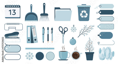 Vector collection of flat design office supplies and winter-themed icons in a blue color palette.