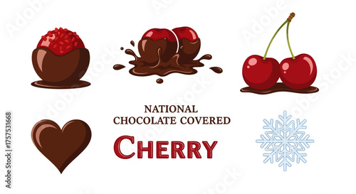 A set of vector icons for National Chocolate Covered Cherry Day, featuring dipped cherries, a chocolate heart, and a snowflake.