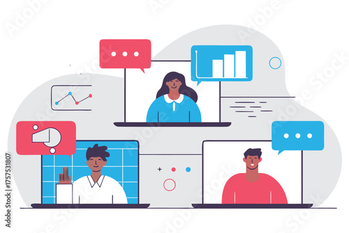 Online video conference illustration people connecting remotely via laptop vector design for business communication and virtual meetings