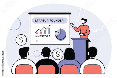 Startup founder giving a presentation to investors showing growth charts and financial data vector illustration for business and finance concepts