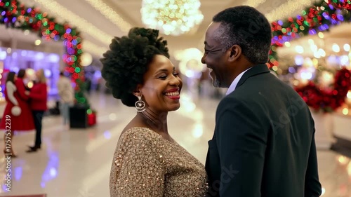 Christmas sales concept. Loving middle aged couple in a big Christmas decorated mall. Couple shares joyful moments amid sparkling lights and festive mall decorations.