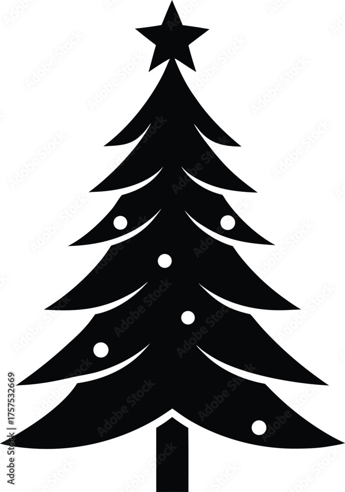 Obraz premium Simple Decorated Winter Tree Vector Silhouette: Festive Holiday Icon Isolated on Transparent Backdrop for Graphic Projects