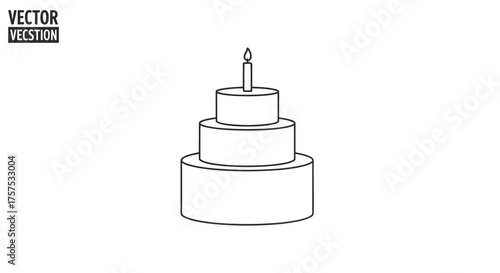 Simple Line Art of a Three-Tiered Birthday Cake with a Single Candle.