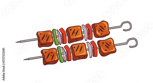 Two Grilled Meat and Vegetable Skewers on Metal Rods.