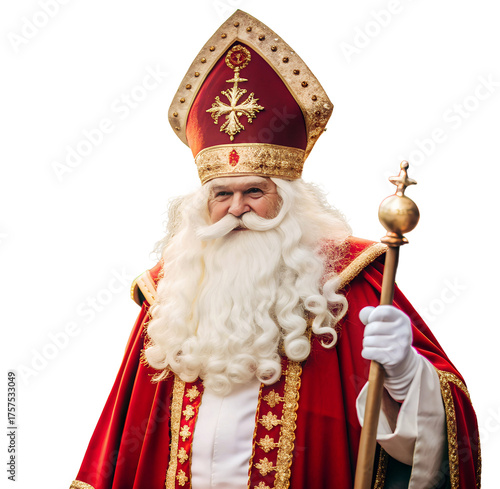 Saint Nicholas portrait , Sinterklaas Dutch Holiday isolated png cutout object on transparent background.