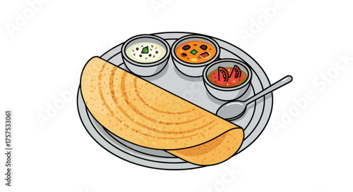 Dosa with Sambar and Chutney on a Plate South Indian Cuisine.