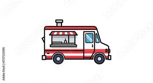 Red and White Food Truck with Serving Window and Awning.