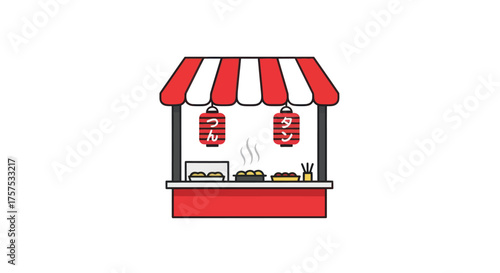 Vibrant cartoon Japanese food stall with red and white striped awning and lanterns.