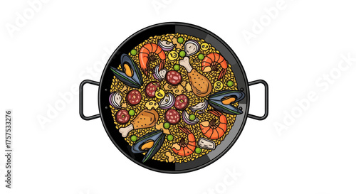 Delicious Seafood Paella Dish with Shrimp and Mussels.