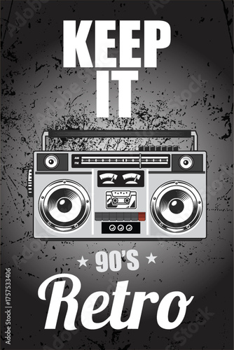 90s retro boombox flyers with keep it text vintage graffiti background