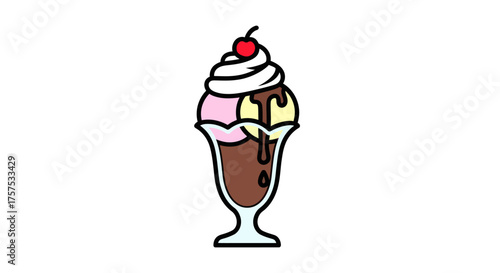 Colorful Cartoon Ice Cream Sundae with Cherry on Top.