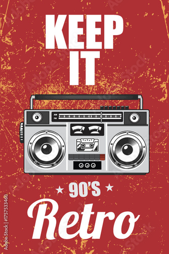 90s retro boombox with keep it text on vibrant red grunge background