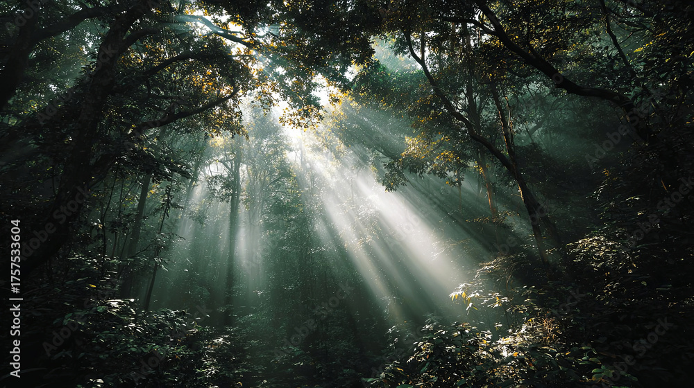 Obraz premium Enchanted forest scene with sunlight streaming through dense trees, illuminating the lush greenery and creating a mystical atmosphere in nature's serene environment