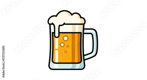 Cartoon Beer Mug with Frothy Head and Bubbles Refreshing Drink Illustration.