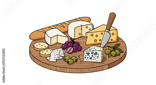 Illustrated wooden cheese board with assorted cheeses like brie and blue cheese grapes olives and a baguette.