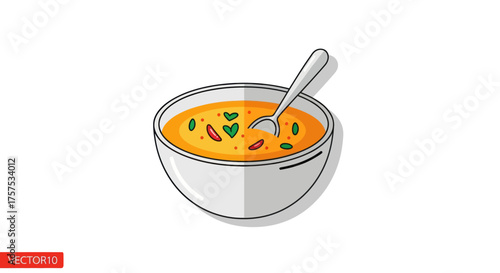 A steaming bowl of hearty vegetable soup with a spoon.