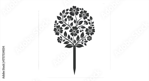 Black silhouette of a stylized round flowering tree with a pointed stake base.