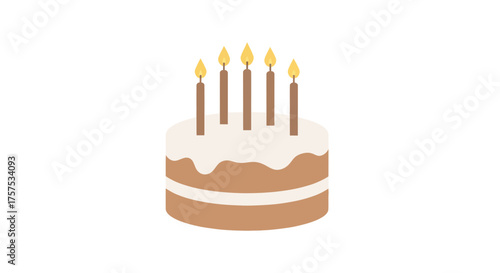 Cartoon Birthday Cake with Five Lit Candles and White Frosting.