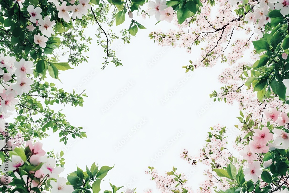 Obraz premium Spring Blossom Canopy with Pink Flowers and Green Leaves