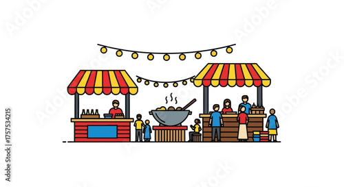 Colorful Market Stalls with People and Food Decorated with String Lights.