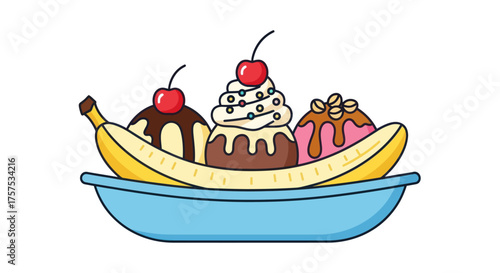 Delicious Banana Split Ice Cream Sundae with Cherries and Toppings.