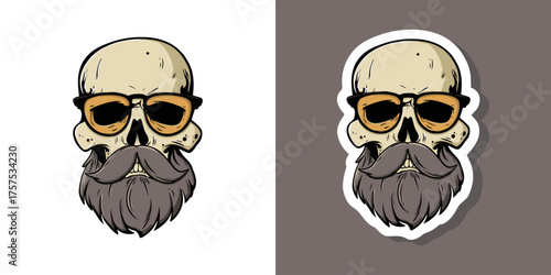 Hipster skull design featuring sunglasses and a bushy mustache, styled in a trendy and bold manner. Vector illustration perfect for posters, stickers, and graphic design projects.
