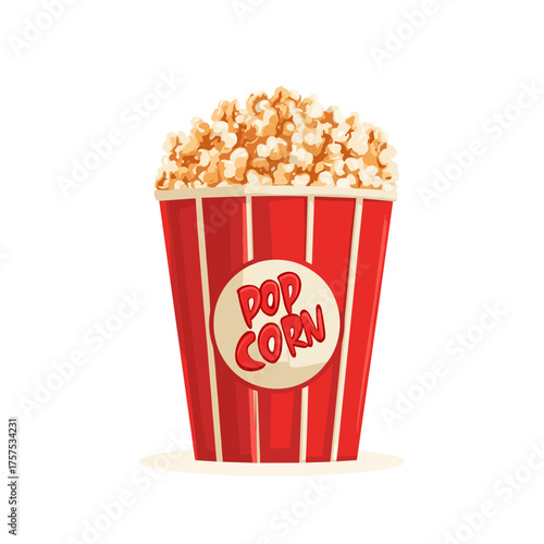 Popcorn illustration featuring a classic red stripe bucket filled with fresh popcorn. Ideal for themes related to movies, snacks, and entertainment. High-quality vector format.