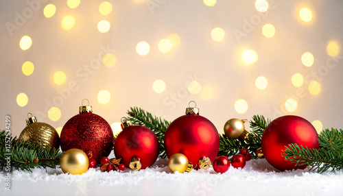 Red and gold Christmas decorations with fir branches and bokeh lights, cozy still life, no people