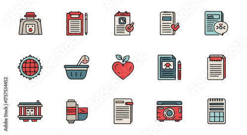 Comprehensive collection of healthcare and medical administration flat line icons, depicting essential tools for wellness, treatment, and digital record-keeping in modern medical practices